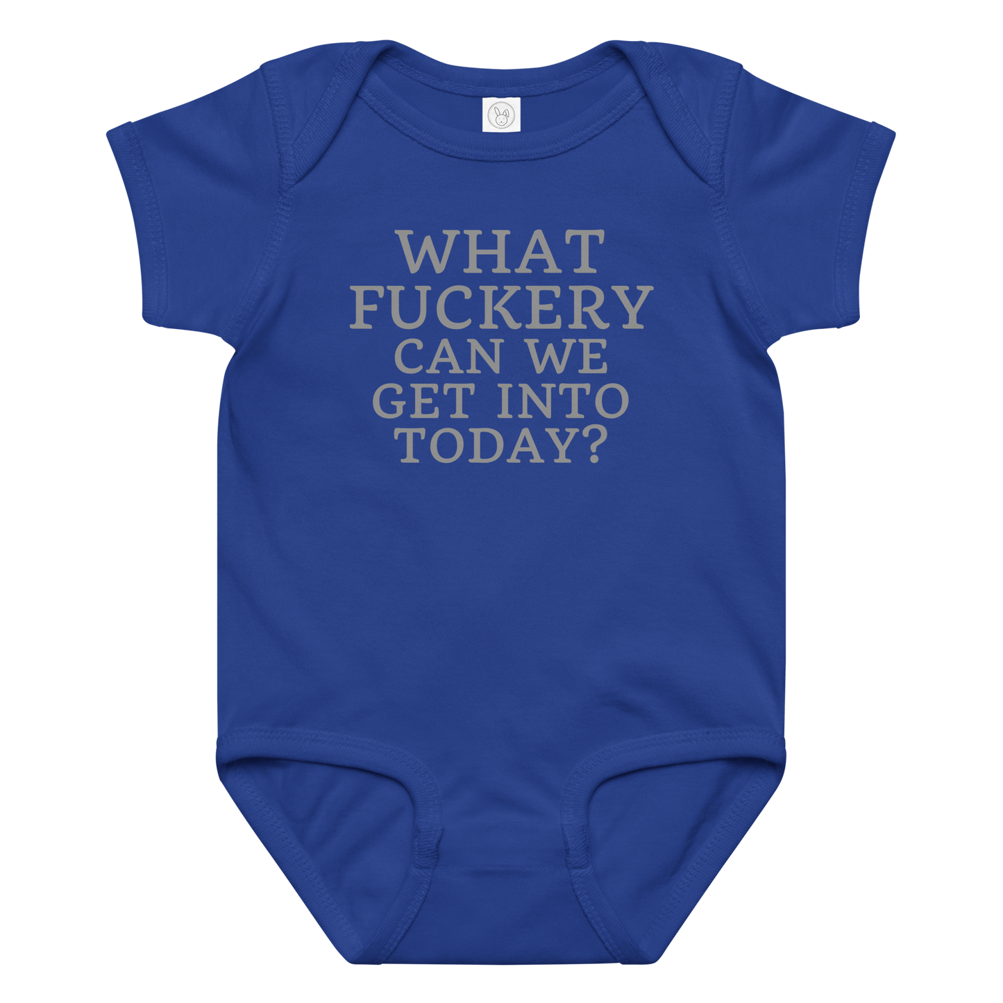 "What fuckery can we get into today?" printed on a royal baby jersey bodysuit laying on a flat surface amongst other clothes