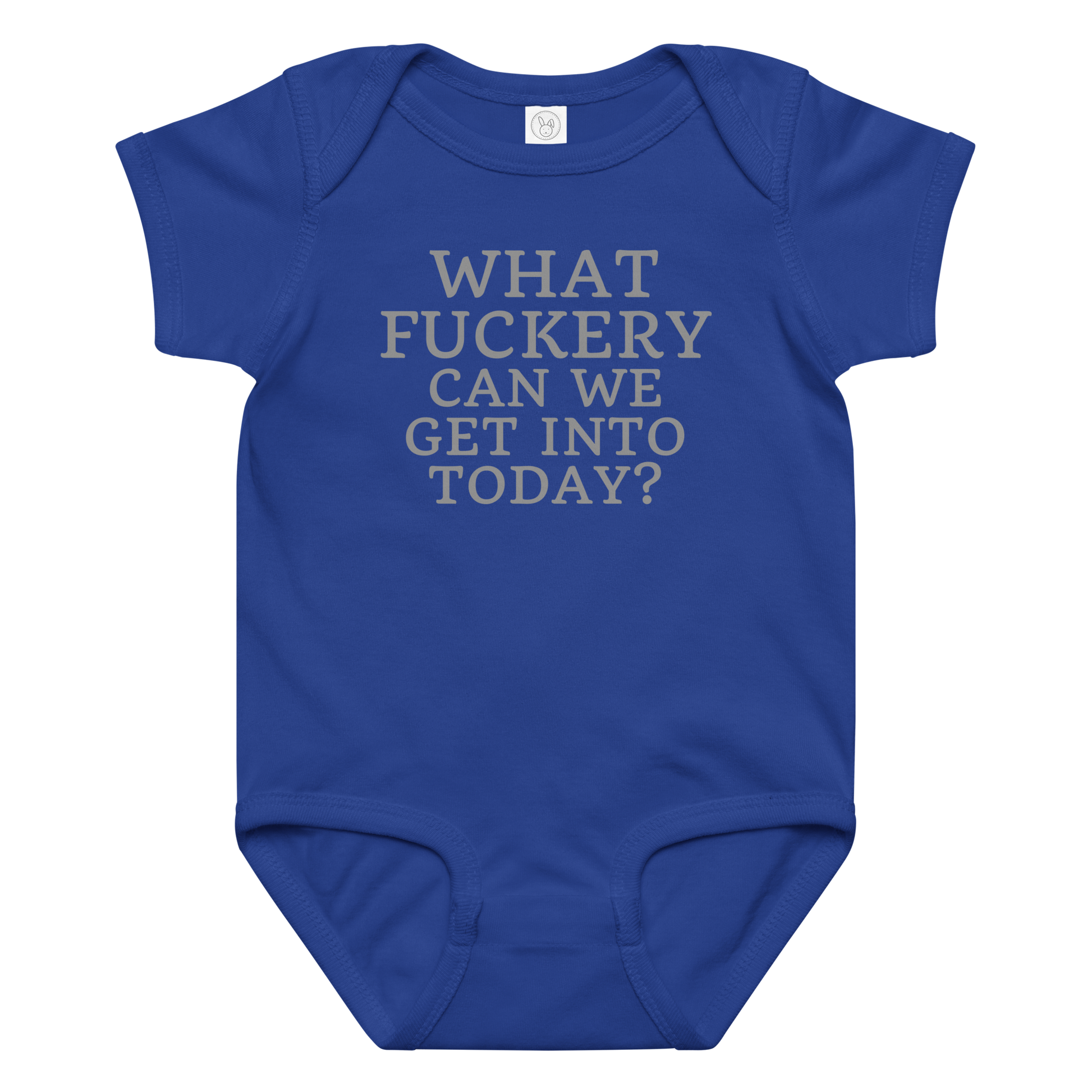 "What fuckery can we get into today?" printed on a royal baby jersey bodysuit laying on a flat surface amongst other clothes