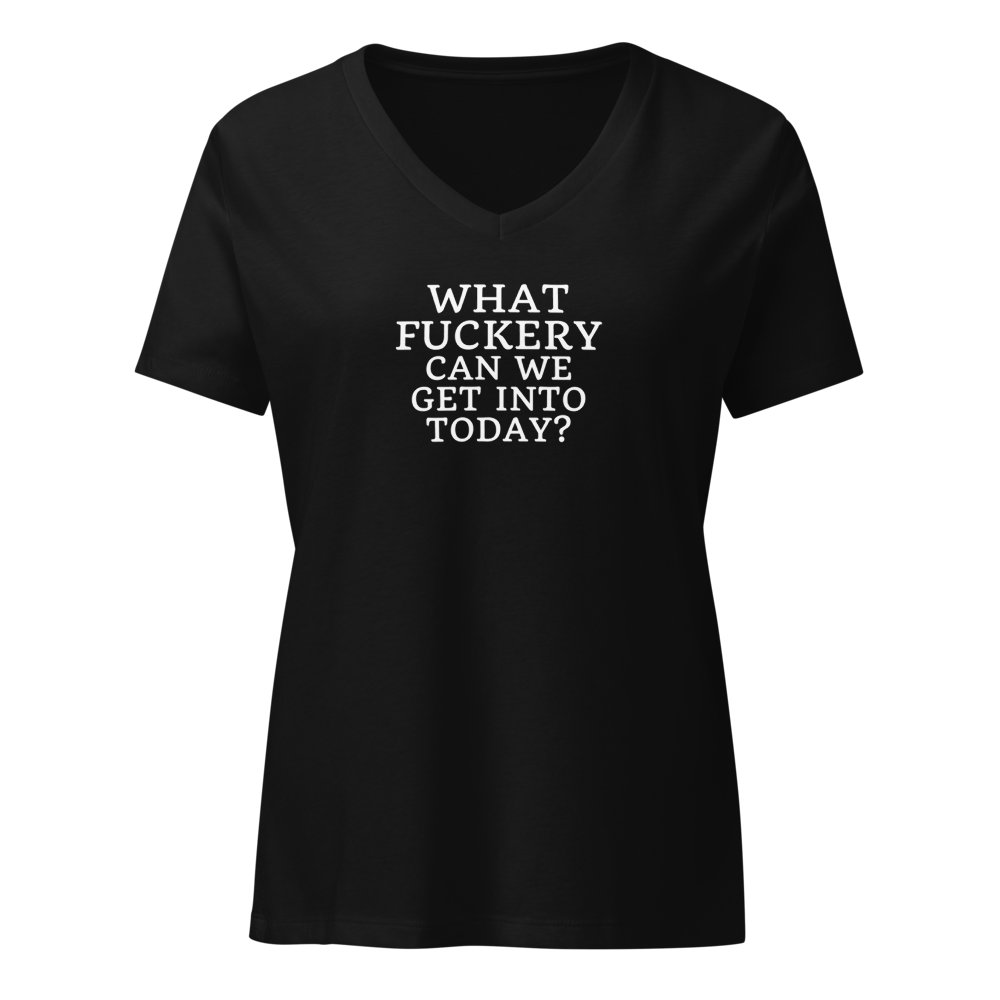 "What fuckery can we get into today?" printed on a solid black blend on an invisible / simulated body