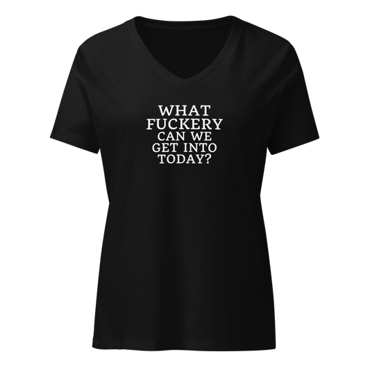 "What fuckery can we get into today?" printed on a solid black blend on an invisible / simulated body