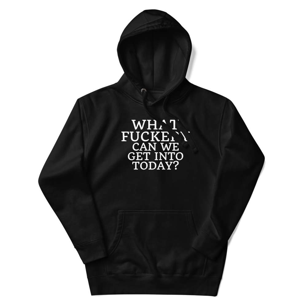 "What fuckery can we get into today?" printed on a black unisex hoodie laying on a flat surface with the hood up