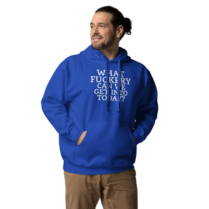 "What fuckery can we get into today?" printed on a team royal unisex hoodie worn by a male
