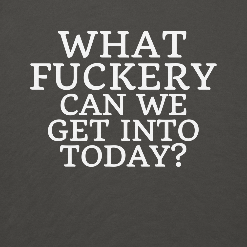 "What fuckery can we get into today?" printed on a vintage black background