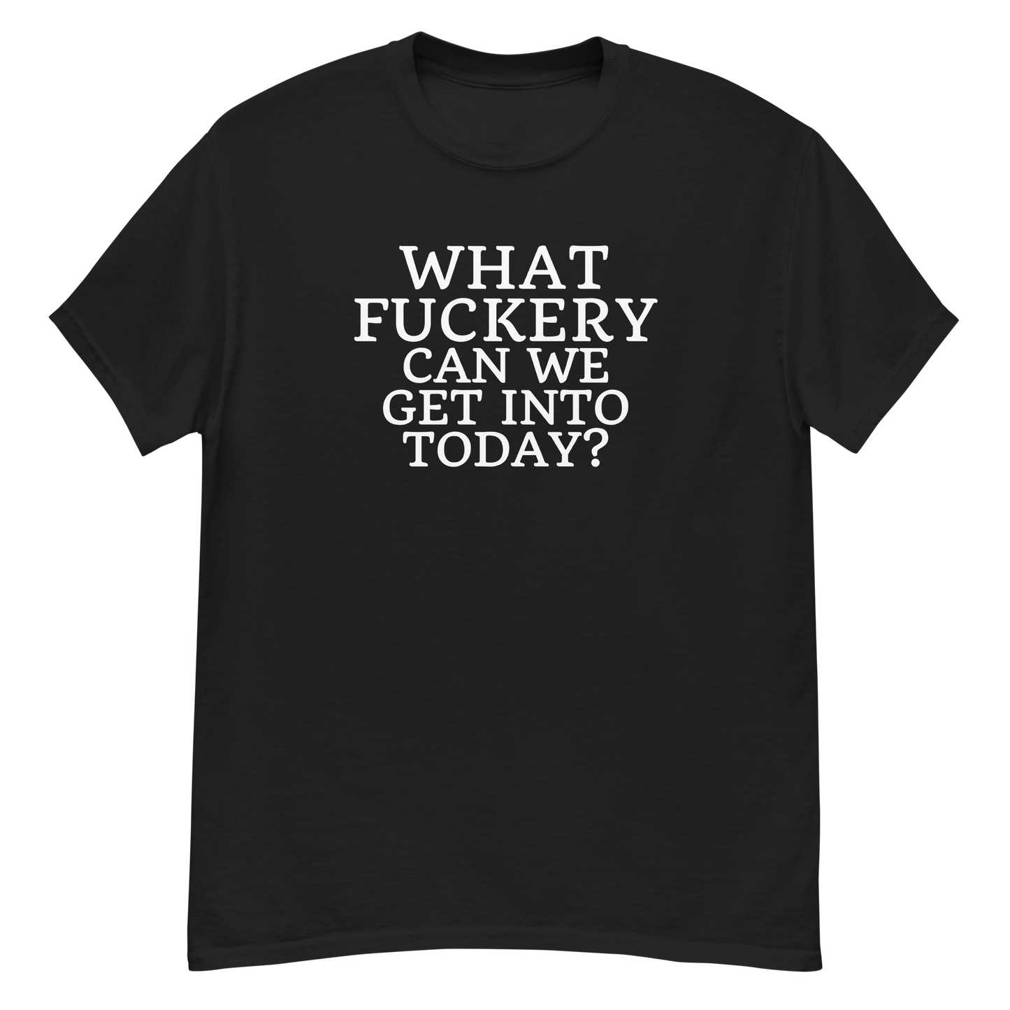 "What fuckery can we get into today?" printed on a black unisex classic tee laying on a flat surface