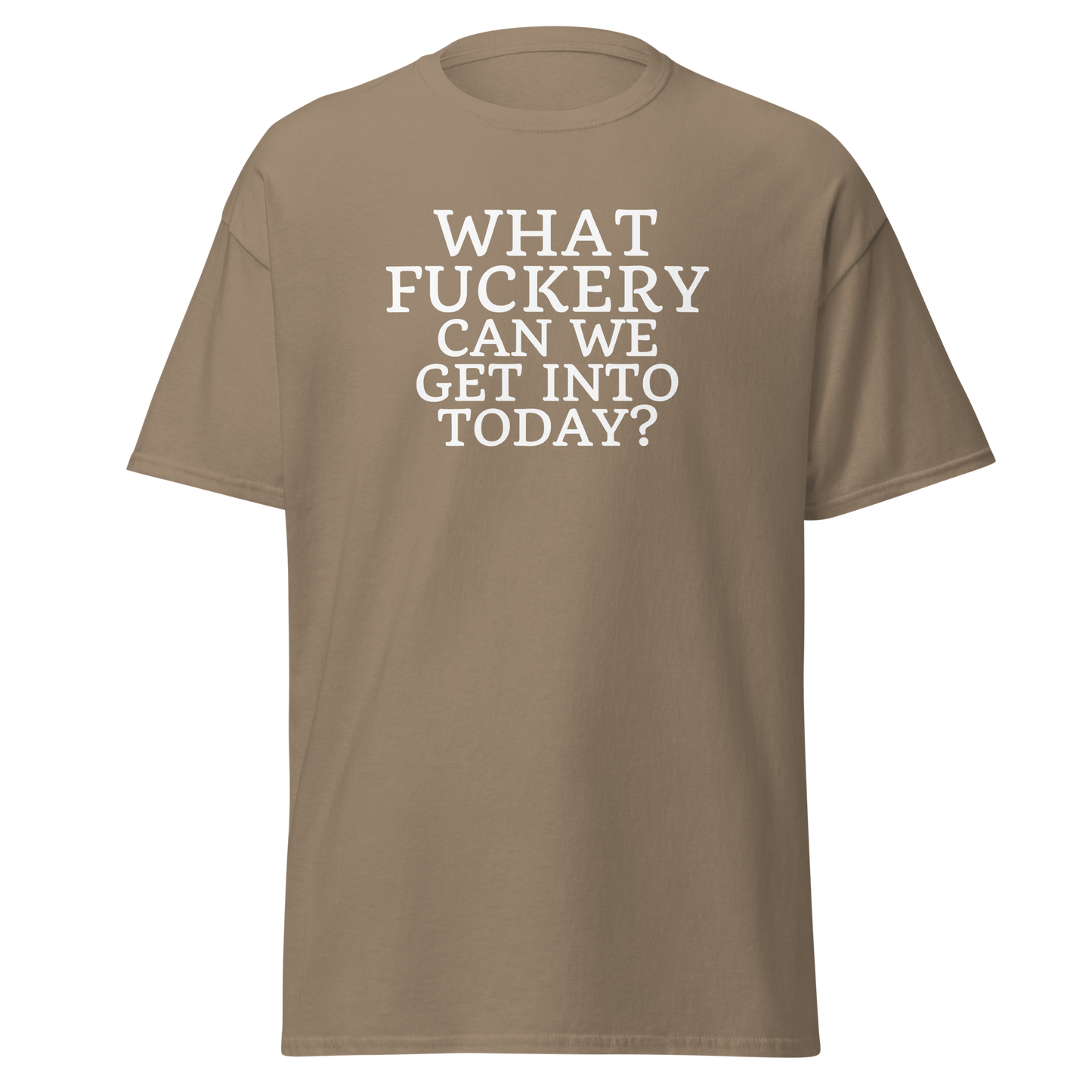 "What fuckery can we get into today?" printed on a brown savana on an invisible body