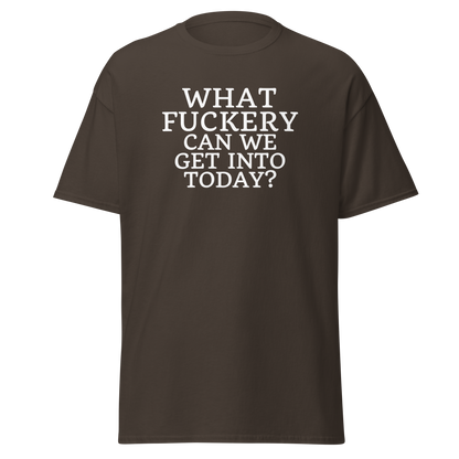 "What fuckery can we get into today?" printed on a dark chocolate on an invisible body