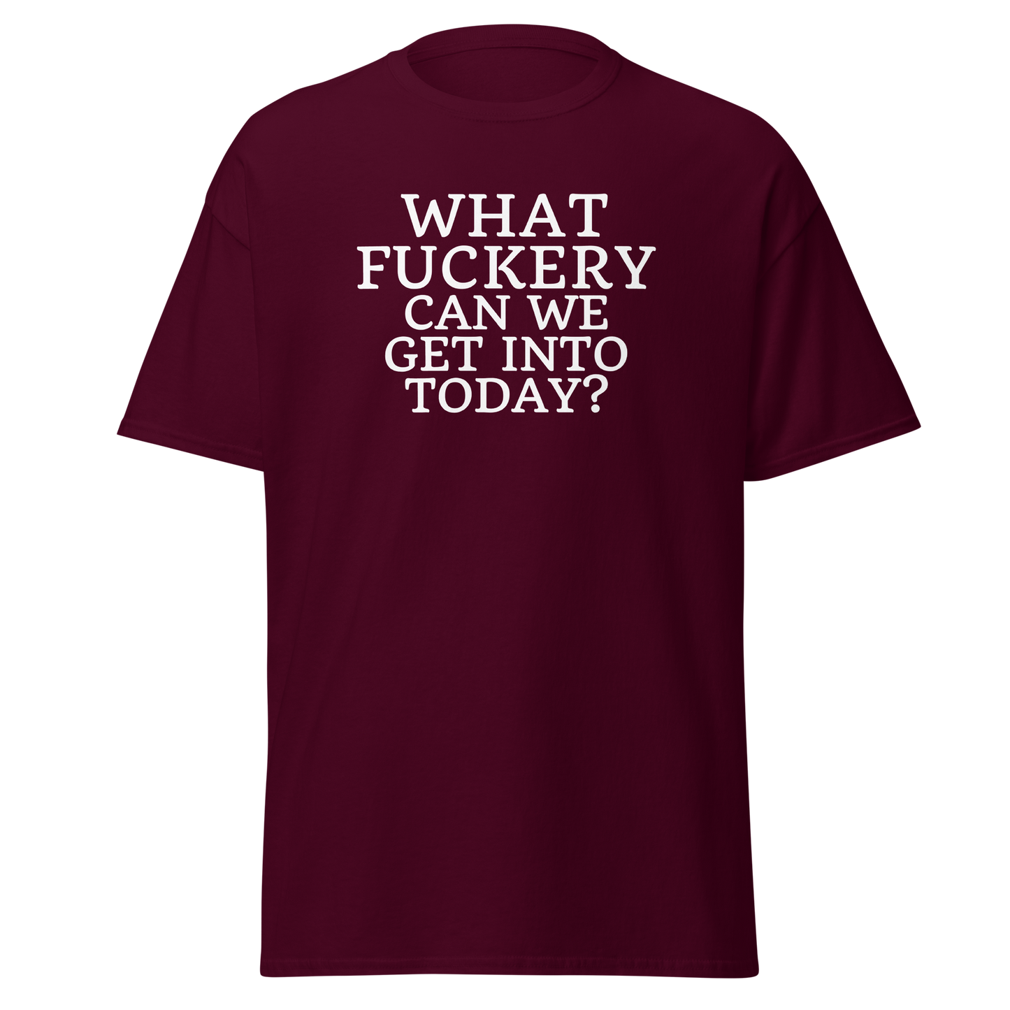 "What fuckery can we get into today?" printed on a maroon on an invisible body