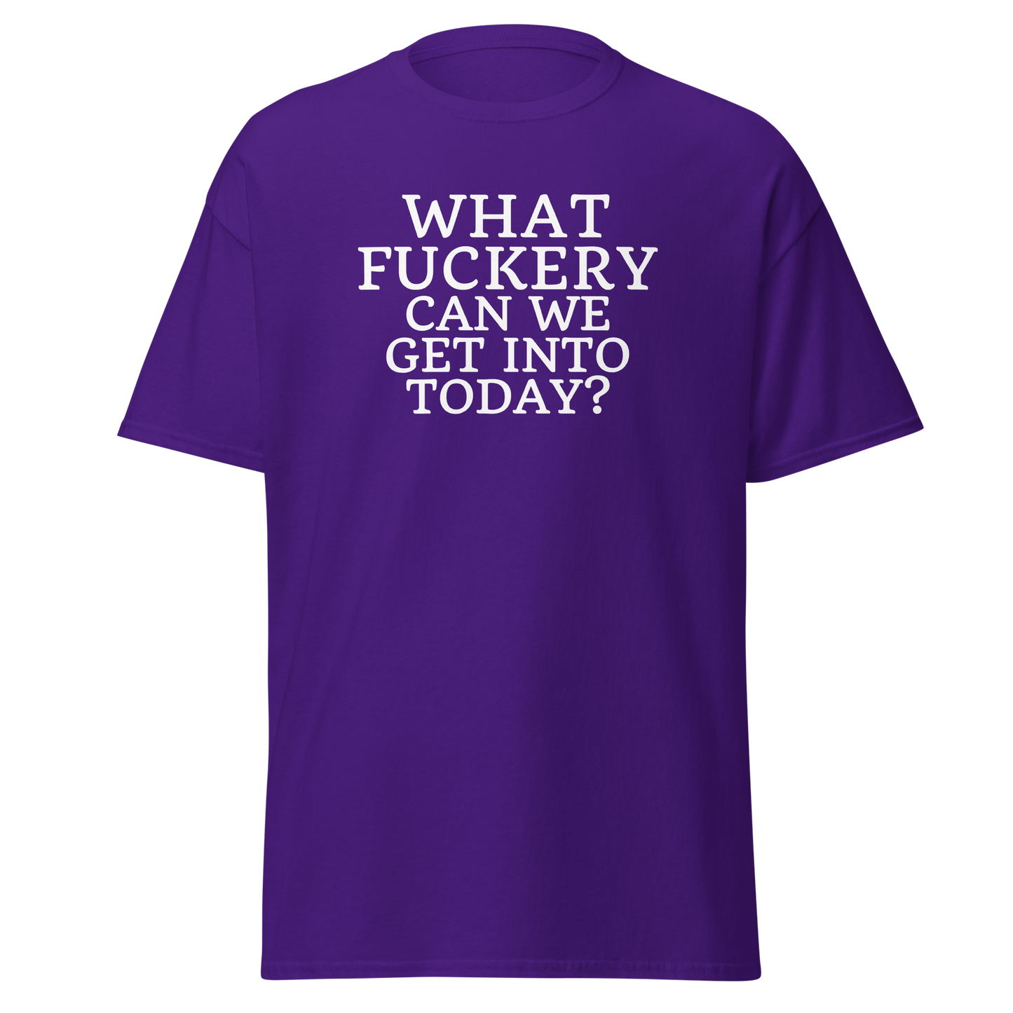 "What fuckery can we get into today?" printed on a purple on an invisible body