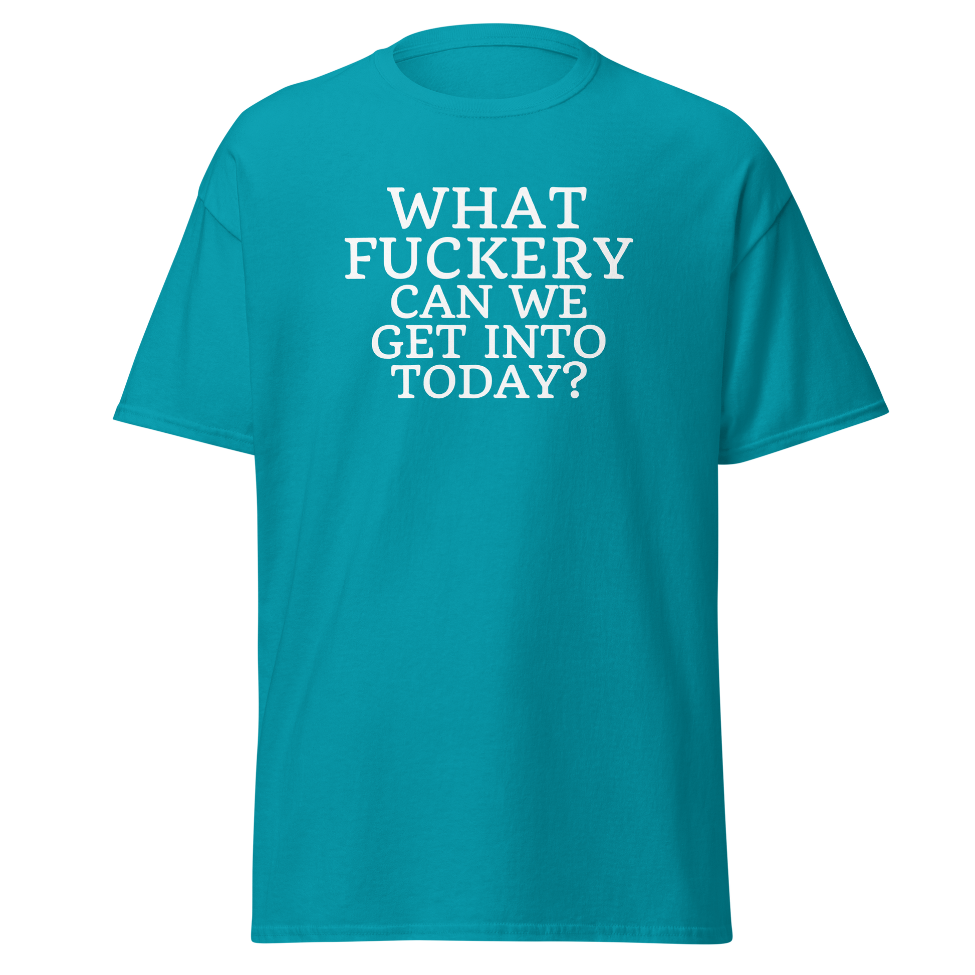 "What fuckery can we get into today?" printed on a tropical blue on an invisible body