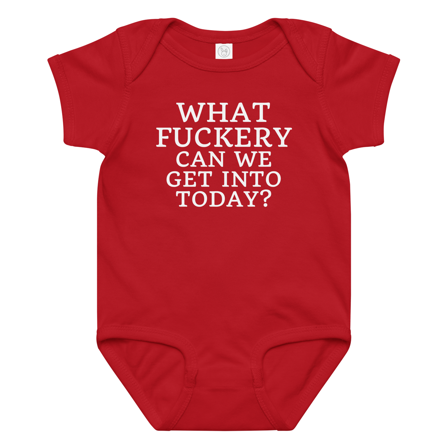 "What fuckery can we get into today?" printed on a red baby jersey bodysuit laying on a flat surface amongst other clothes