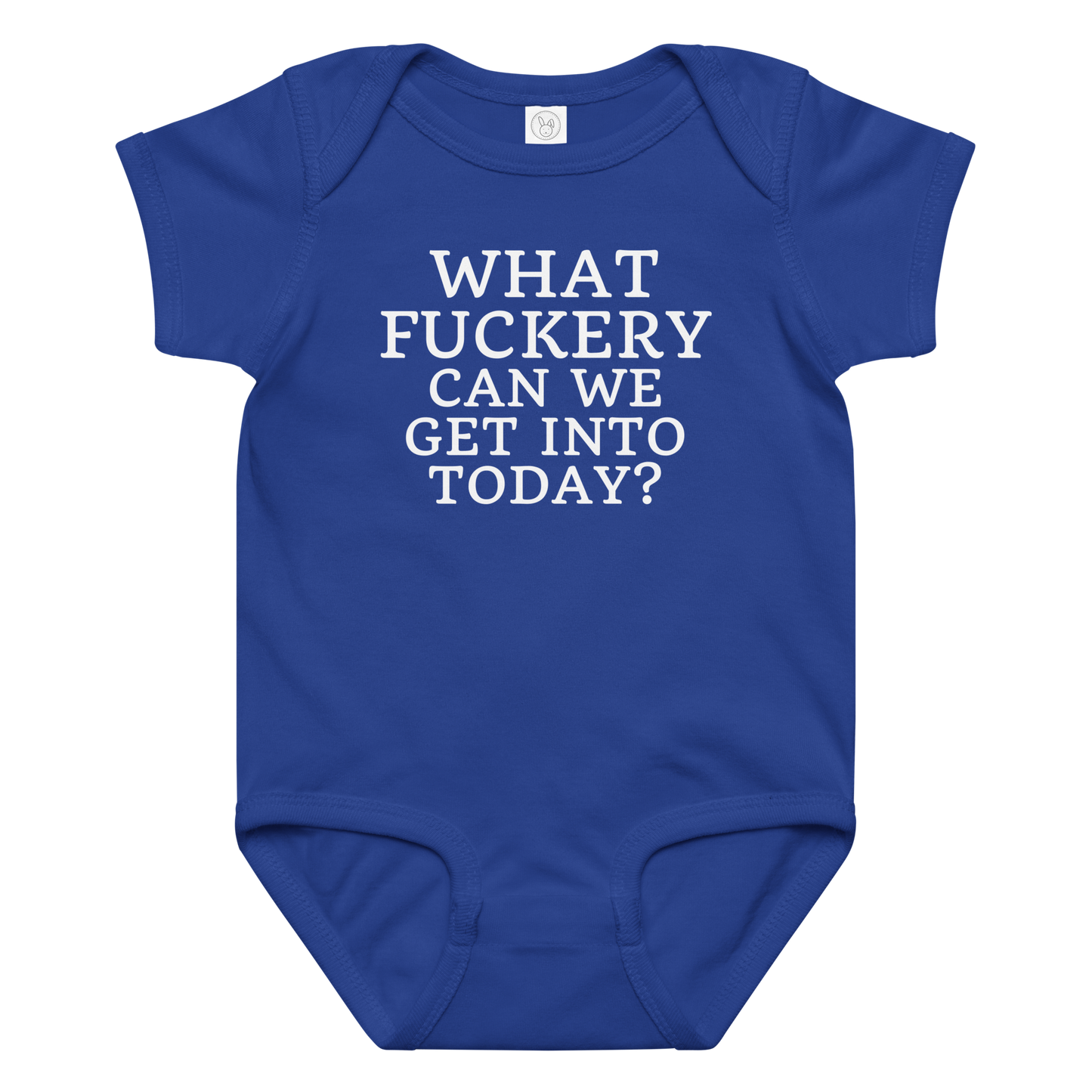 "What fuckery can we get into today?" printed on a royal baby jersey bodysuit laying on a flat surface amongst other clothes