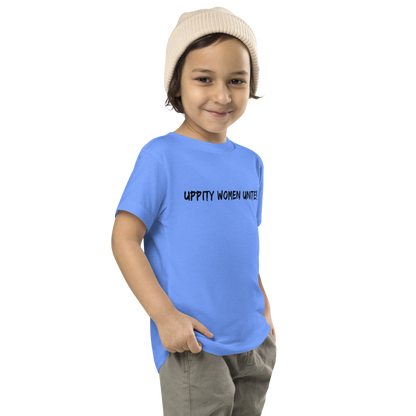 "Uppity Women Unite" printed on a heather columbia blue toddler short sleeve tee worn by a male who is also wearing a knit cap