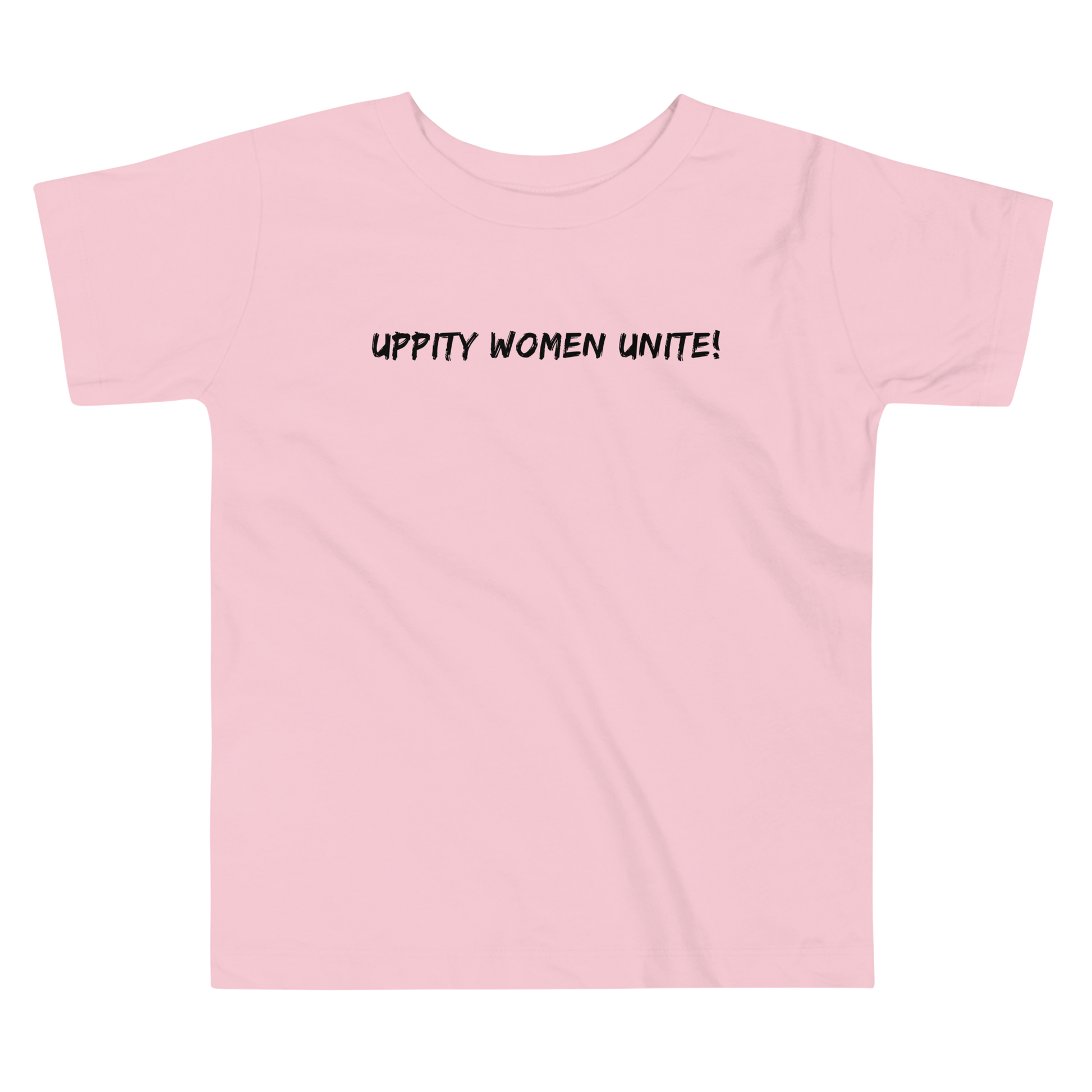 "Uppity Women Unite" printed on a pink toddler short sleeve tee laying on a flat surface