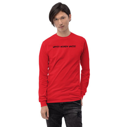 "Uppity Women Unite" printed on a red men's long sleeve shirt worn by a male