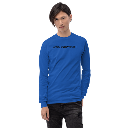 "Uppity Women Unite" printed on a royal men's long sleeve shirt worn by a male