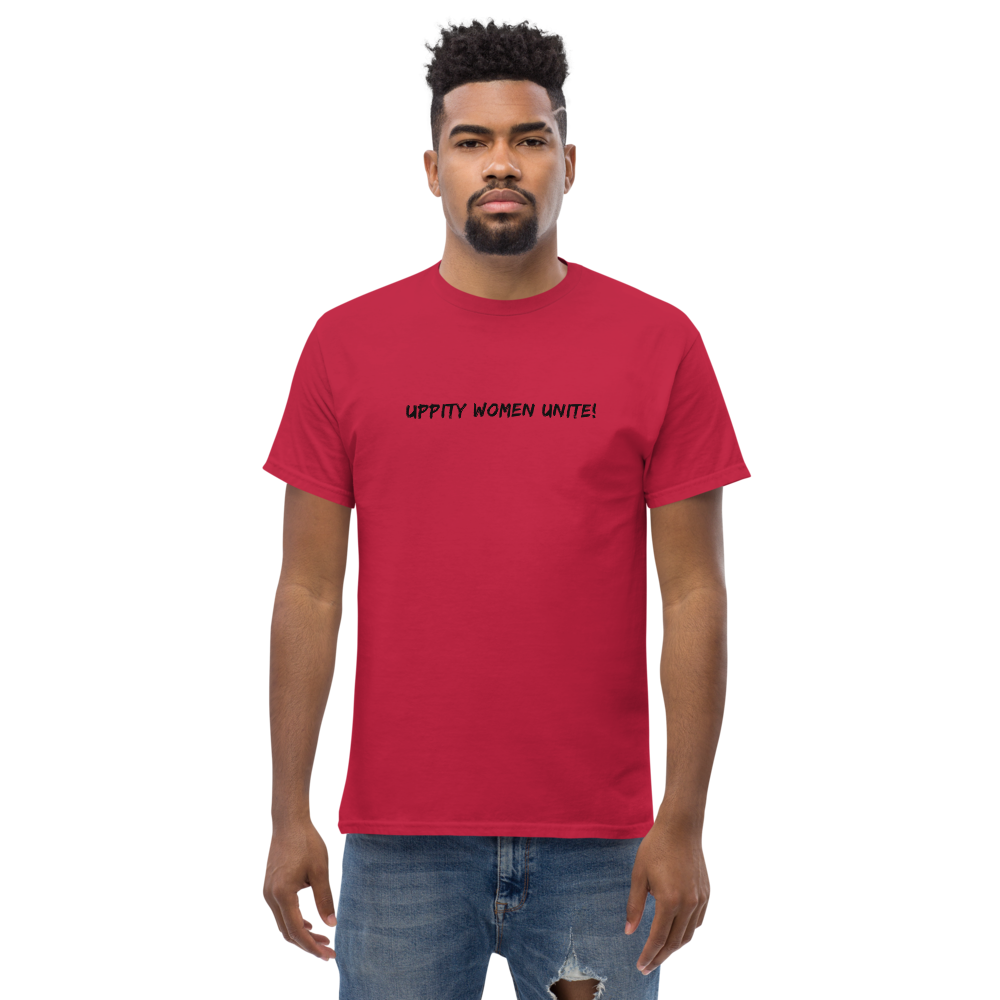 "Uppity Women Unite" printed on a cardinal unisex classic tee worn by a male