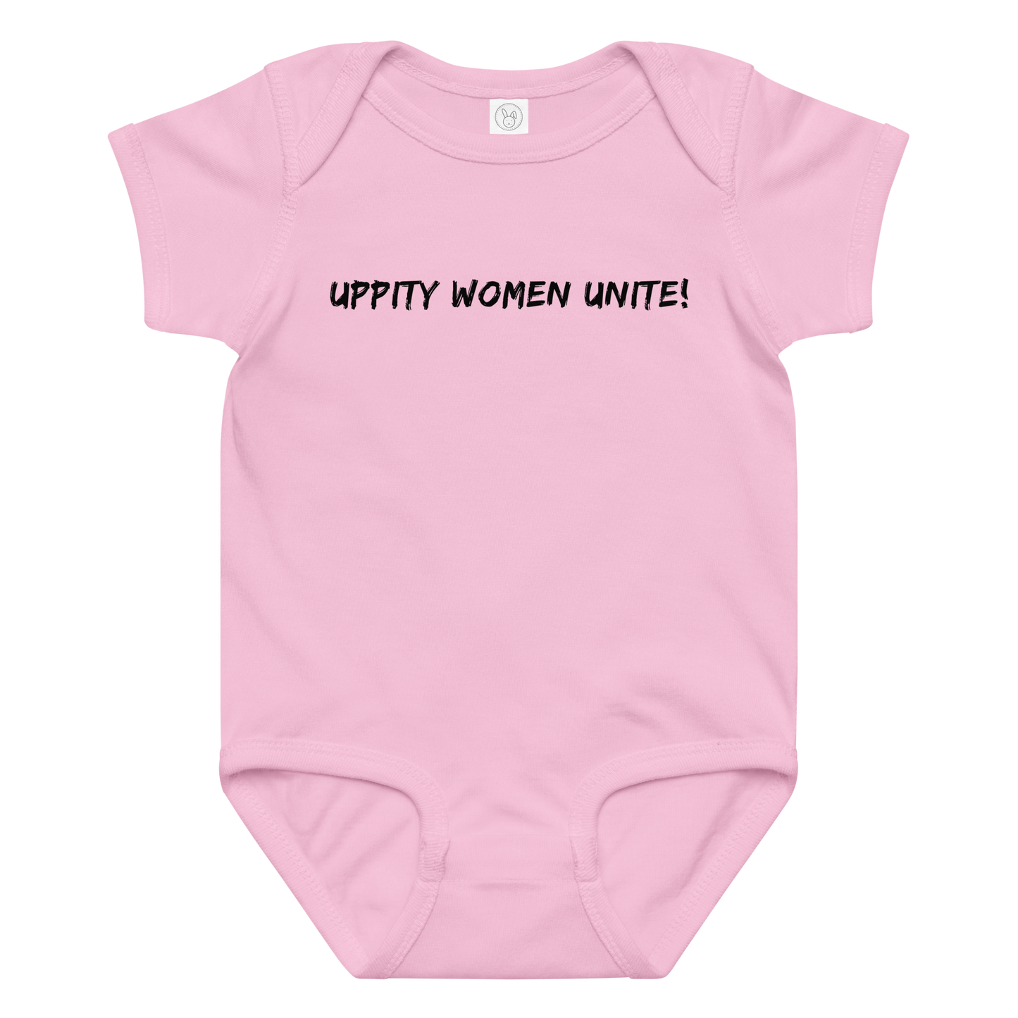 "Uppity Women Unite" printed on a pink baby jersey bodysuit laying on a flat surface amongst other clothes