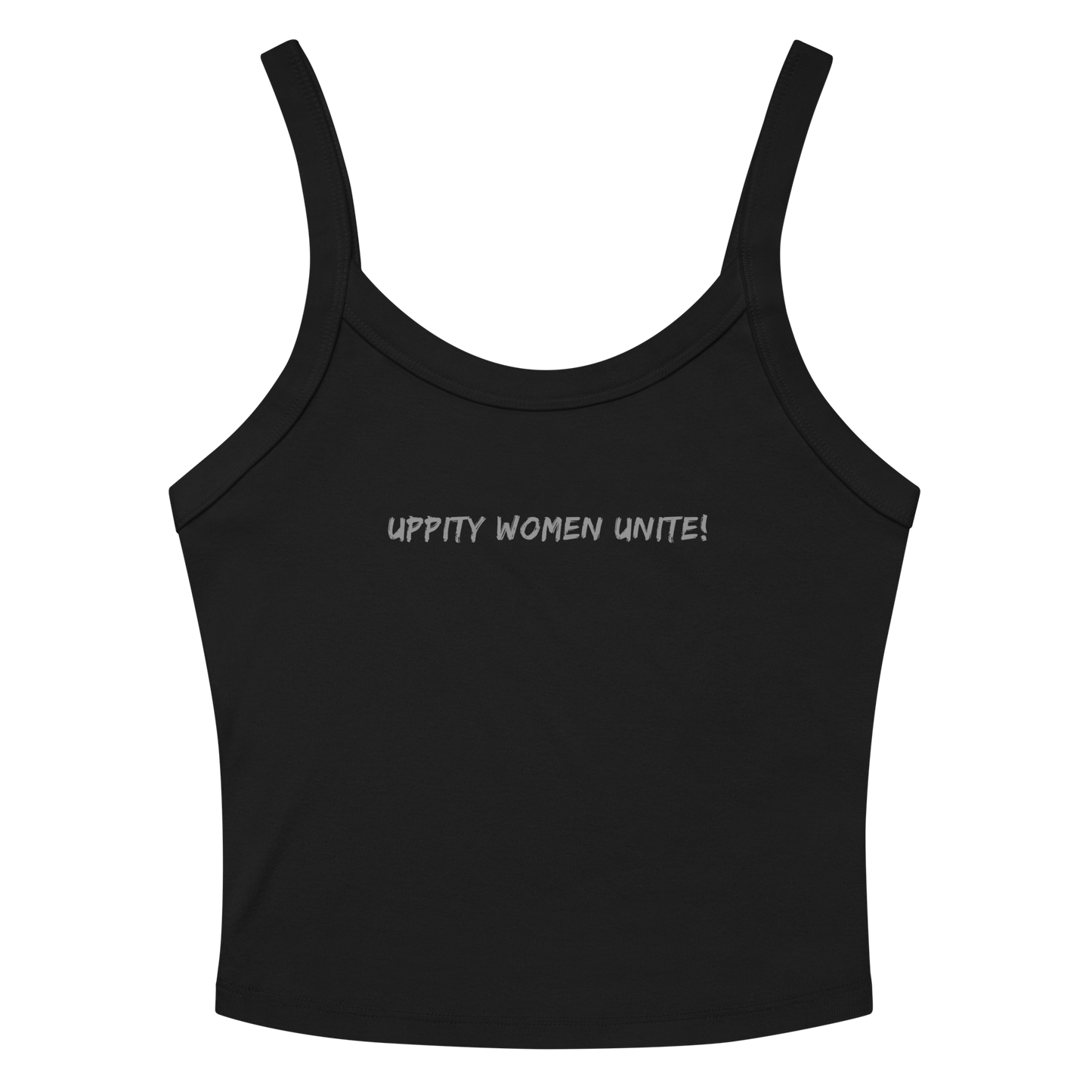 "Uppity Women Unite" printed on a solid black blend women's micro-rib tanktop laying on a flat surface amongst sunglasses and shorts