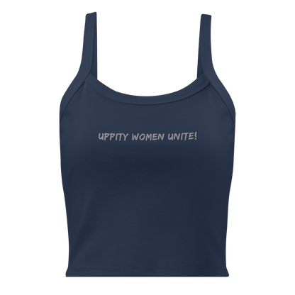 "Uppity Women Unite" printed on a solid navy blend women's micro-rib tanktop laying on a flat surface