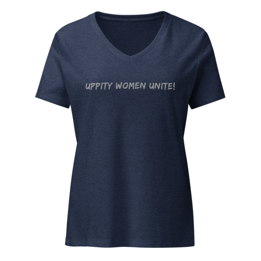 "Uppity Women Unite" printed on a heather navy on an invisible / simulated body