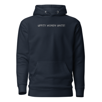 "Uppity Women Unite" printed on a navy blazer on an invisible / simulated body