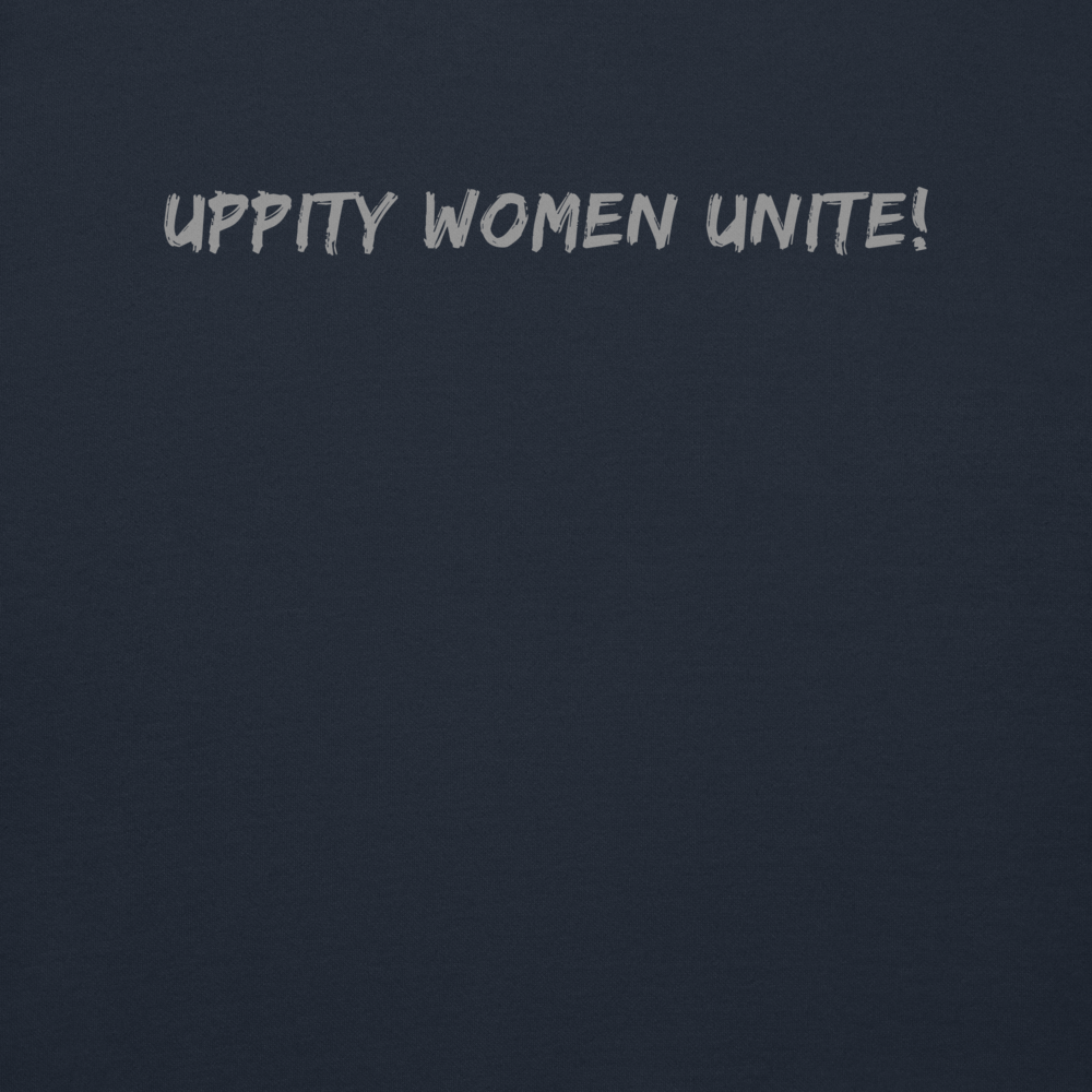 "Uppity Women Unite" printed on a navy blazer background