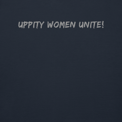 "Uppity Women Unite" printed on a navy blazer background