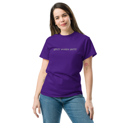 "Uppity Women Unite" printed on a purple unisex classic tee worn by a female