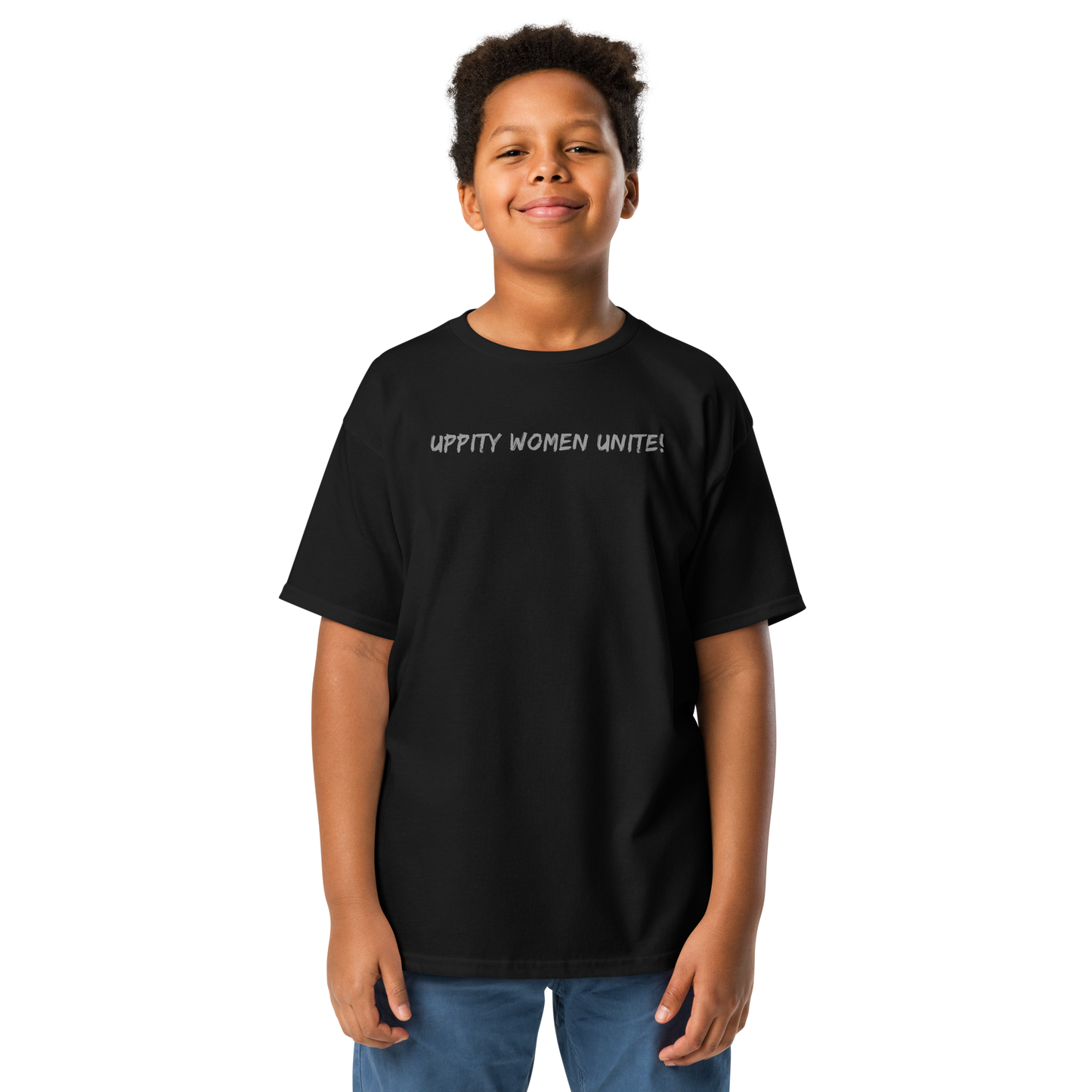 "Uppity Women Unite" printed on a black youth classic tee worn by a male