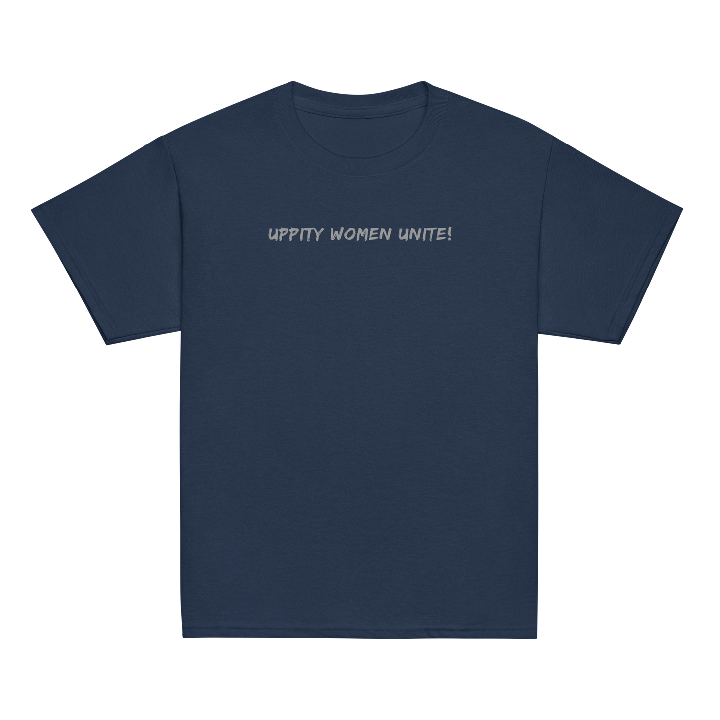 "Uppity Women Unite" printed on a navy youth classic tee laying on a flat surface