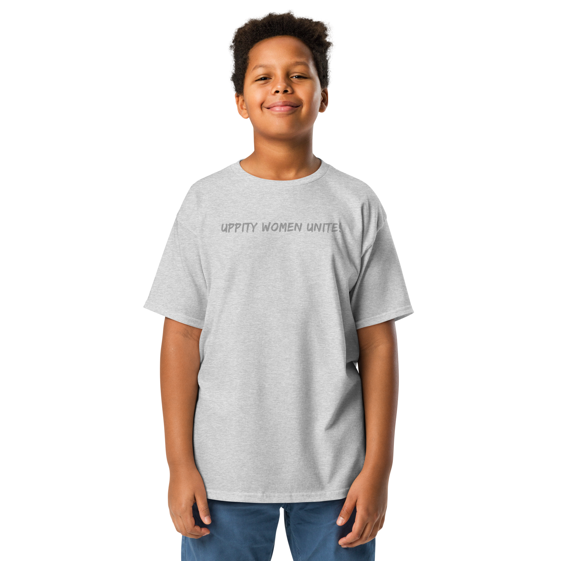 "Uppity Women Unite" printed on a sport grey youth classic tee worn by a male