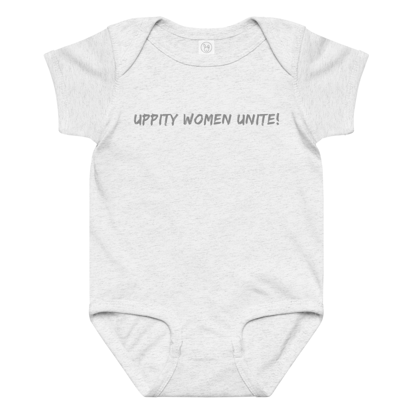 "Uppity Women Unite" printed on a ash baby jersey bodysuit laying on a flat surface amongst other clothes