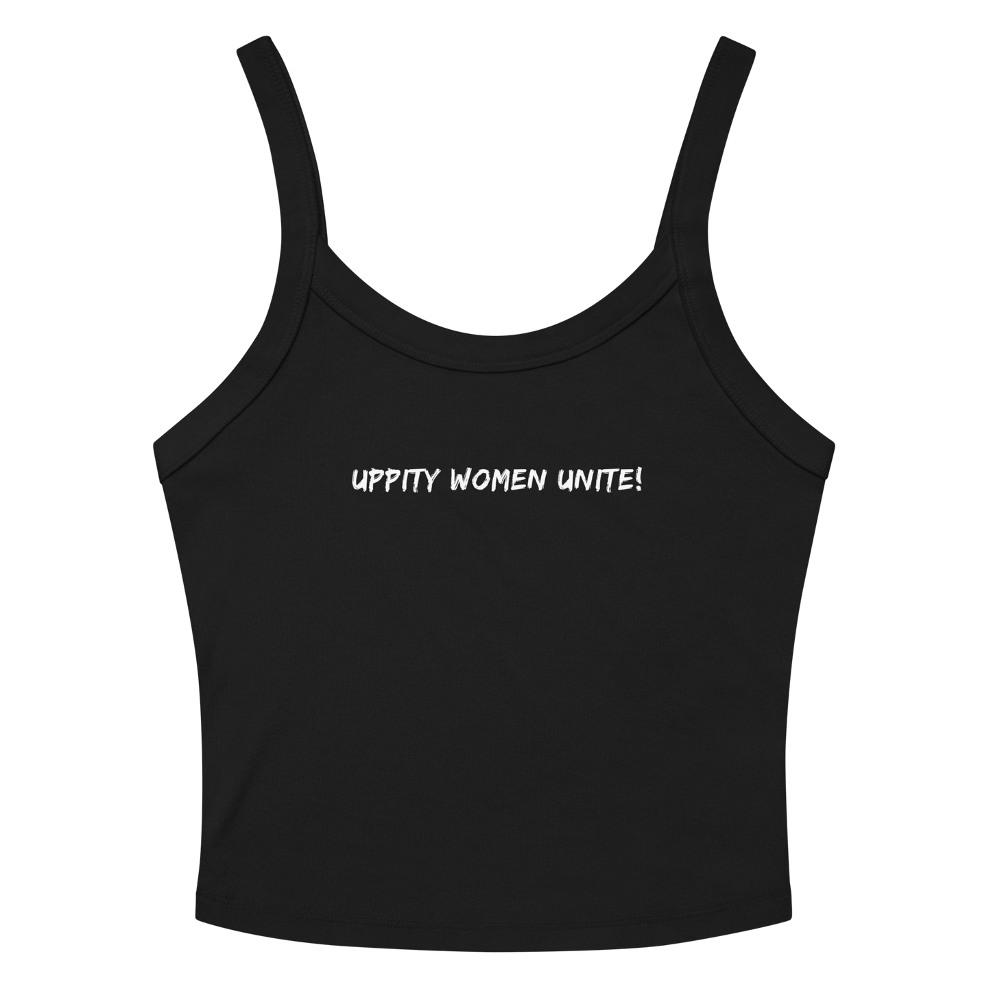 "Uppity Women Unite" printed on a solid black blend women's micro-rib tanktop laying on a flat surface amongst sunglasses and shorts