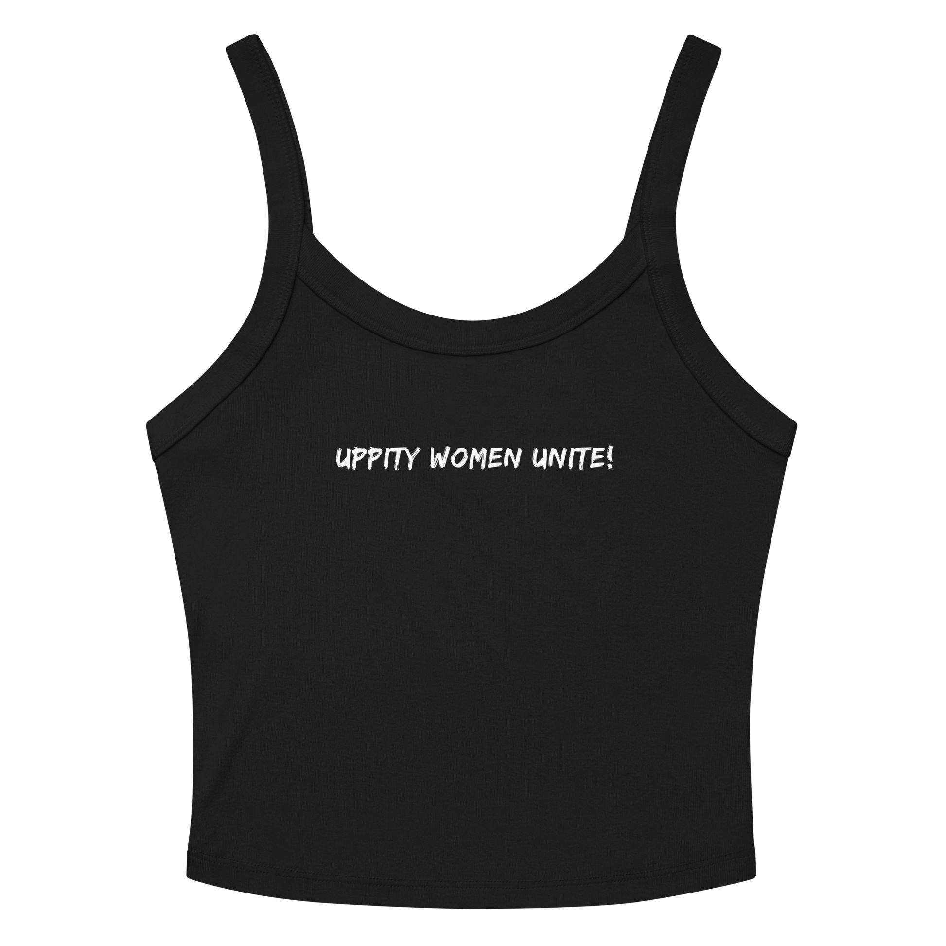 "Uppity Women Unite" printed on a solid black blend women's micro-rib tanktop laying on a flat surface amongst sunglasses and shorts