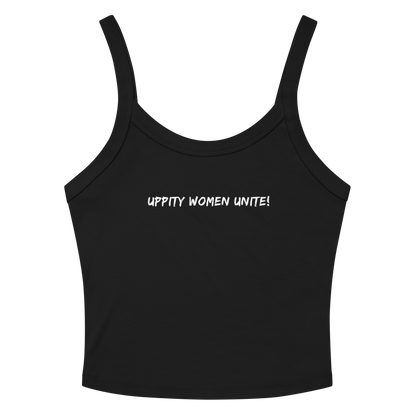 "Uppity Women Unite" printed on a solid black blend women's micro-rib tanktop laying on a flat surface amongst sunglasses and shorts