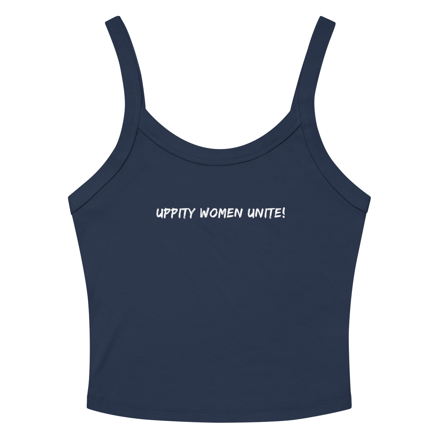 "Uppity Women Unite" printed on a solid navy blend women's micro-rib tanktop laying on a flat surface amongst sunglasses and shorts