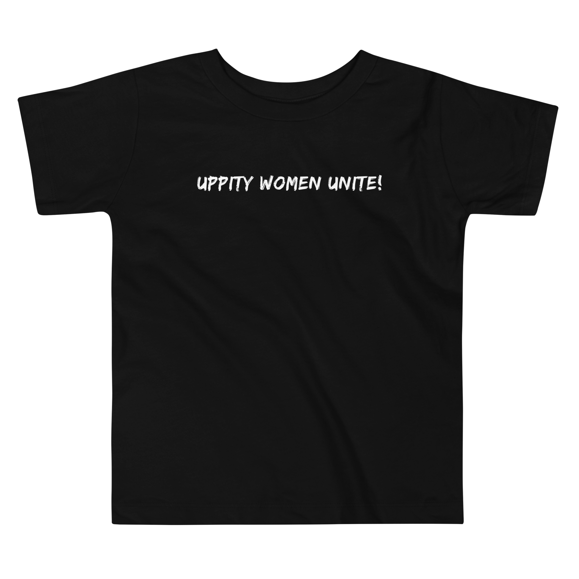 "Uppity Women Unite" printed on a black toddler short sleeve tee laying on a flat surface
