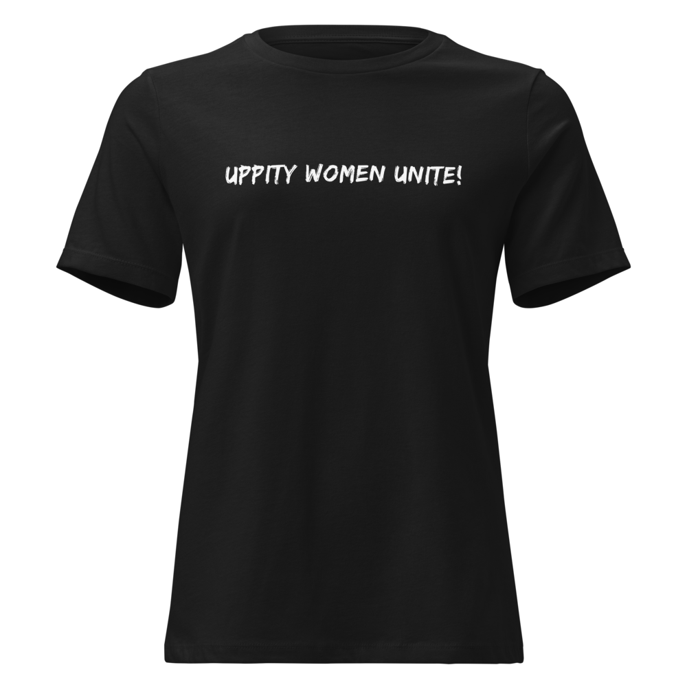 "Uppity Women Unite" printed on a black on an invisible / simulated body