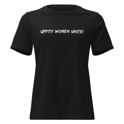 "Uppity Women Unite" printed on a black on an invisible / simulated body