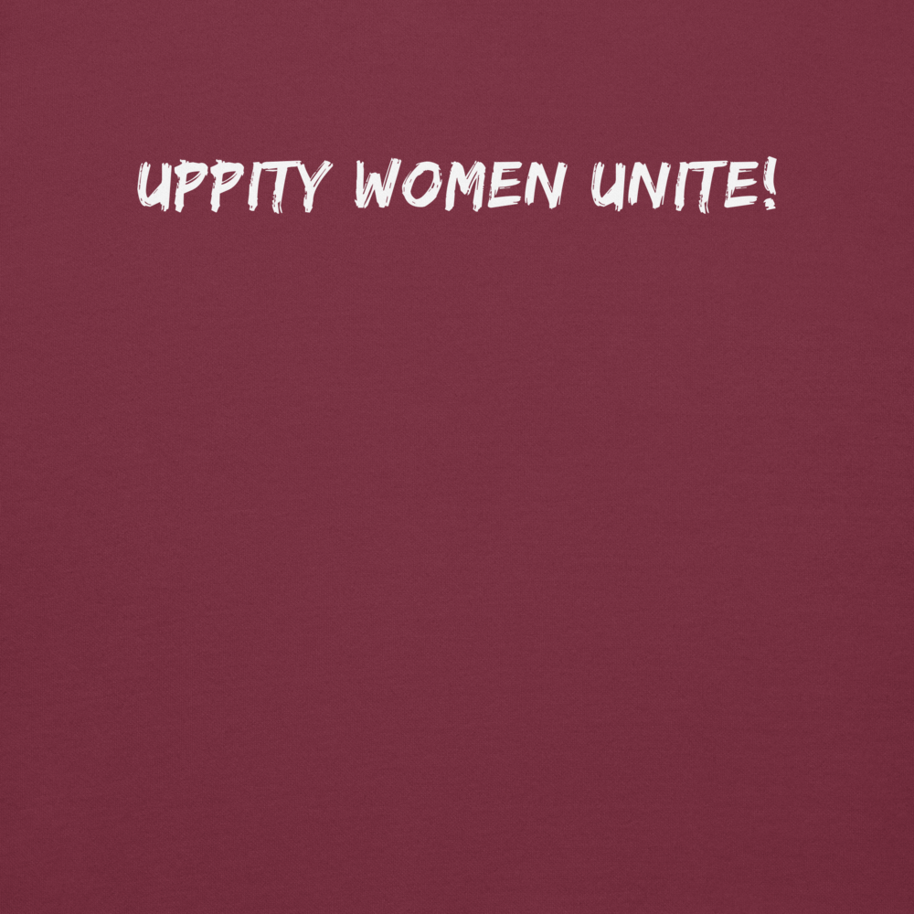 "Uppity Women Unite" printed on a maroon background