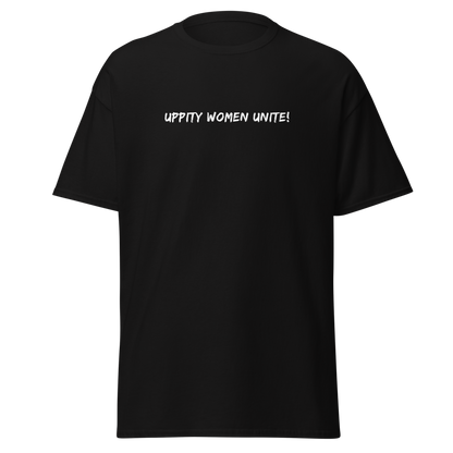 "Uppity Women Unite" printed on a black on an invisible body