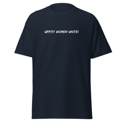 "Uppity Women Unite" printed on a navy on an invisible body