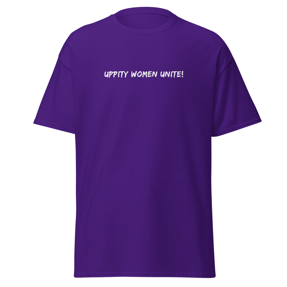"Uppity Women Unite" printed on a purple on an invisible body