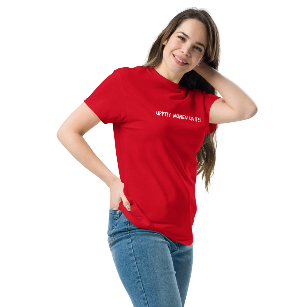 "Uppity Women Unite" printed on a red unisex classic tee worn by a female