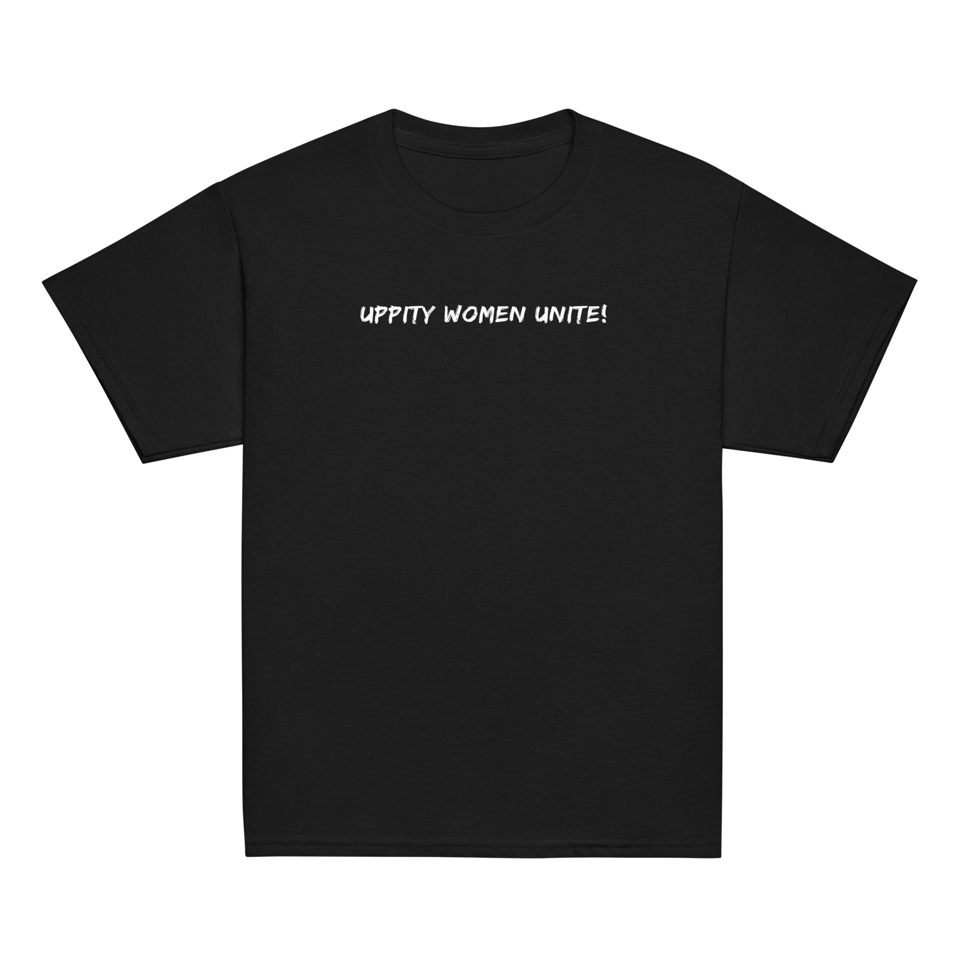 "Uppity Women Unite" printed on a black youth classic tee laying on a flat surface
