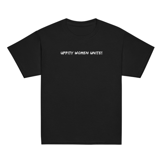 "Uppity Women Unite" printed on a black youth classic tee laying on a flat surface