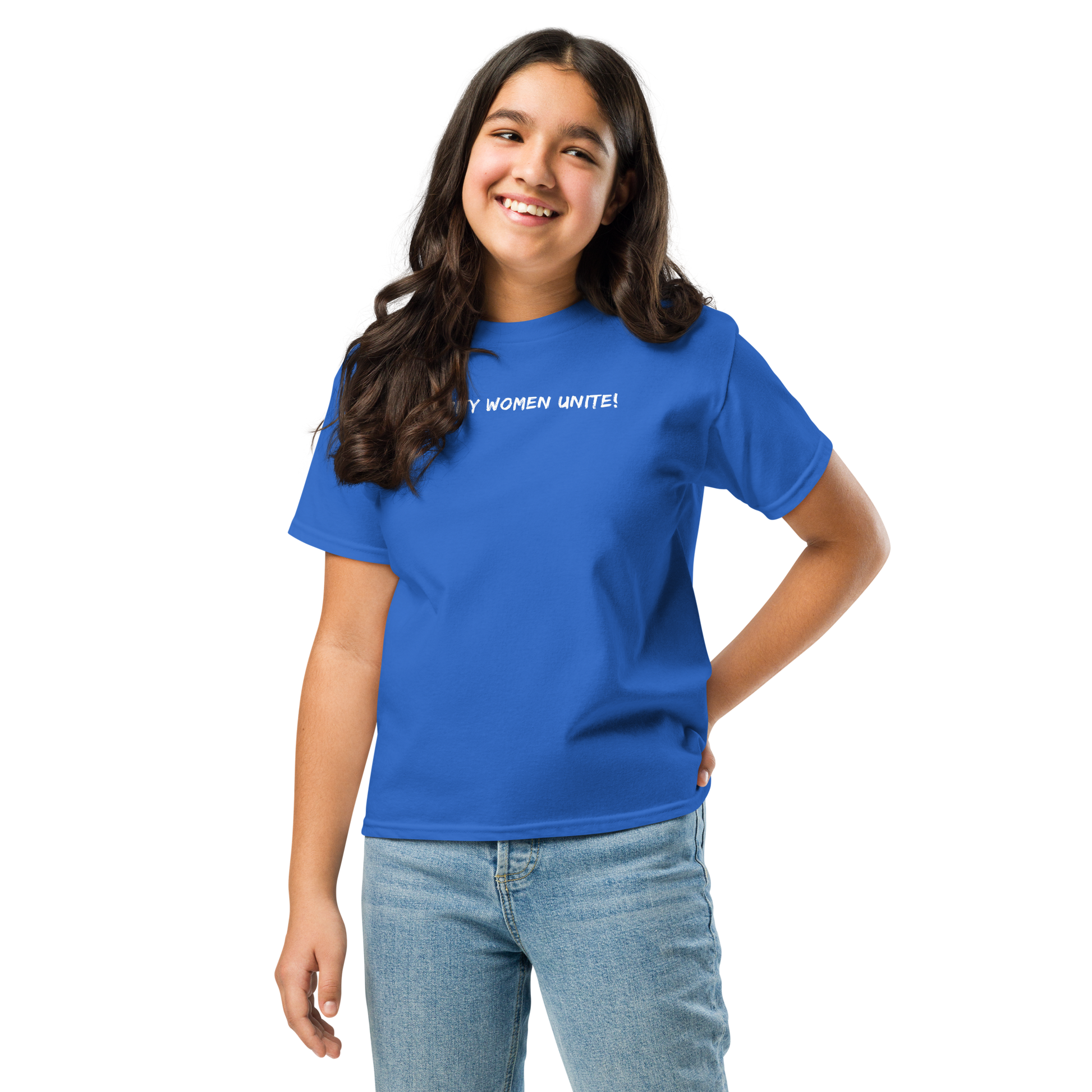 "Uppity Women Unite" printed on a royal youth classic tee worn by a female