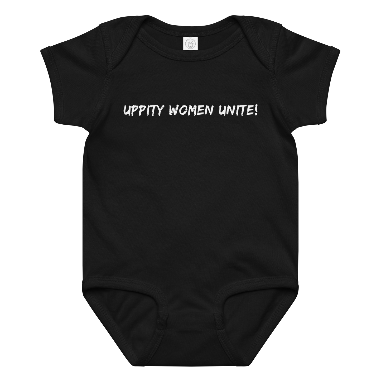 "Uppity Women Unite" printed on a black baby jersey bodysuit laying on a flat surface amongst other clothes