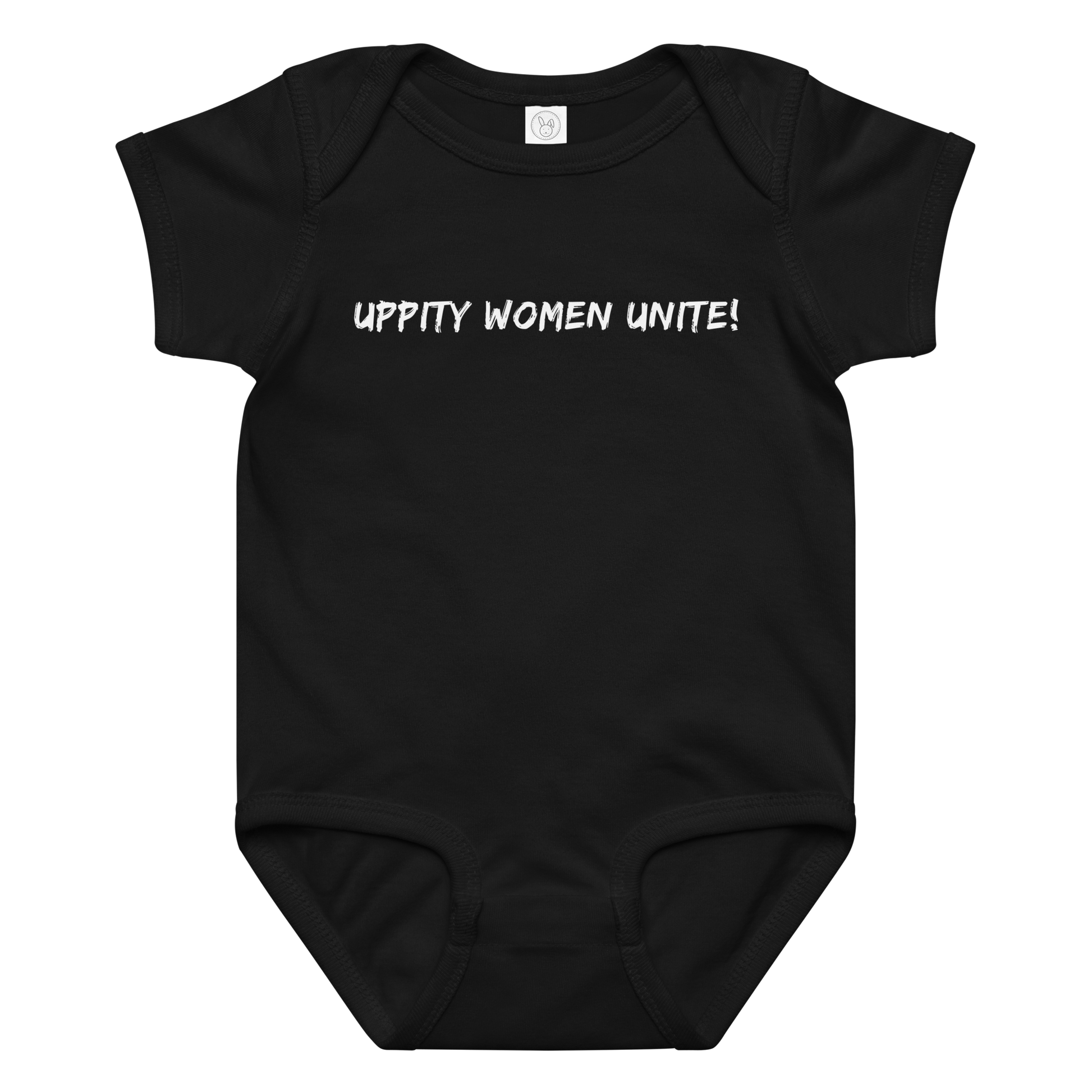 "Uppity Women Unite" printed on a black baby jersey bodysuit laying on a flat surface amongst other clothes