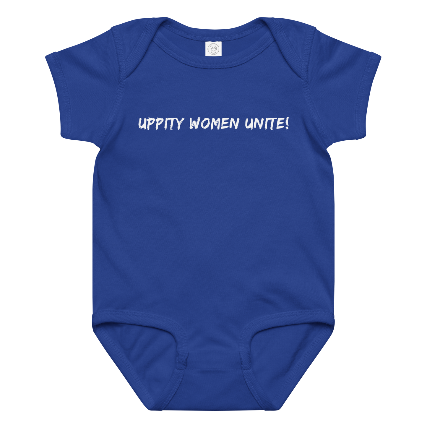 "Uppity Women Unite" printed on a royal baby jersey bodysuit laying on a flat surface amongst other clothes